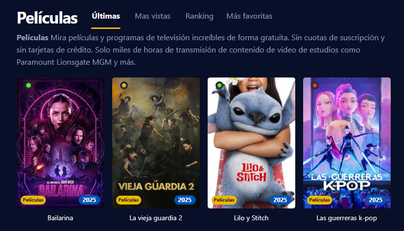 Captura de pantalla de la interfaz de usuario de Pelisplus mostrando una amplia variedad de películas y series